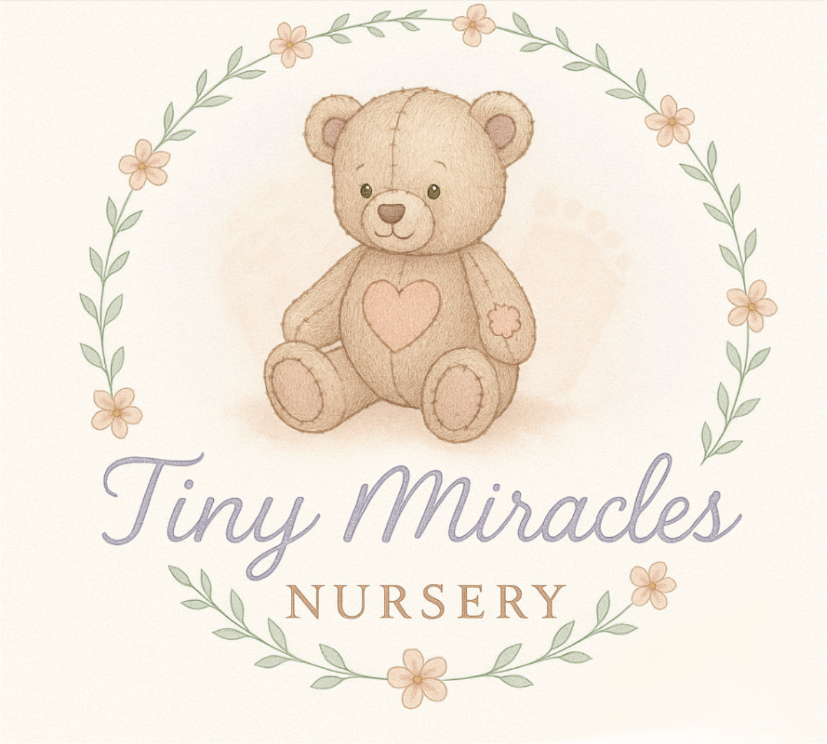 Tiny Miracles Nursery logo featuring pastel colors, handwritten font, delicate flowers, and a patchwork teddy bear with a heart